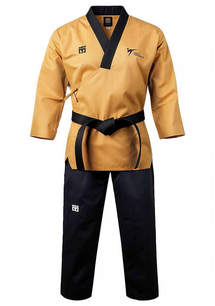 Mooto Poomsae Dobok Uniform laid out on a wooden dojo bench, showing the yellow jacket and black pants with belt attached